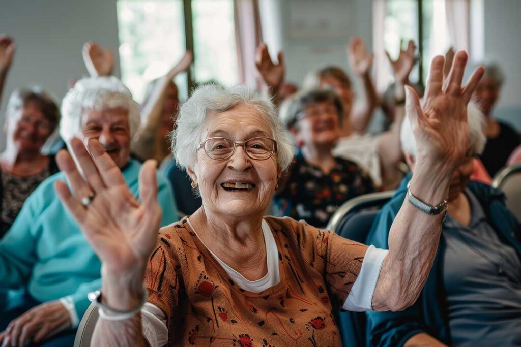 Older adults share a meal and conversation in a bright assisted living dining room.